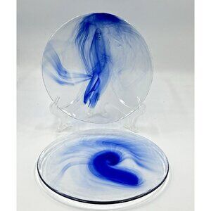 2 Bormioli Rocco Murano Cobalt Blue Swirl Clear Glass Dinner Plates 11” Vintage